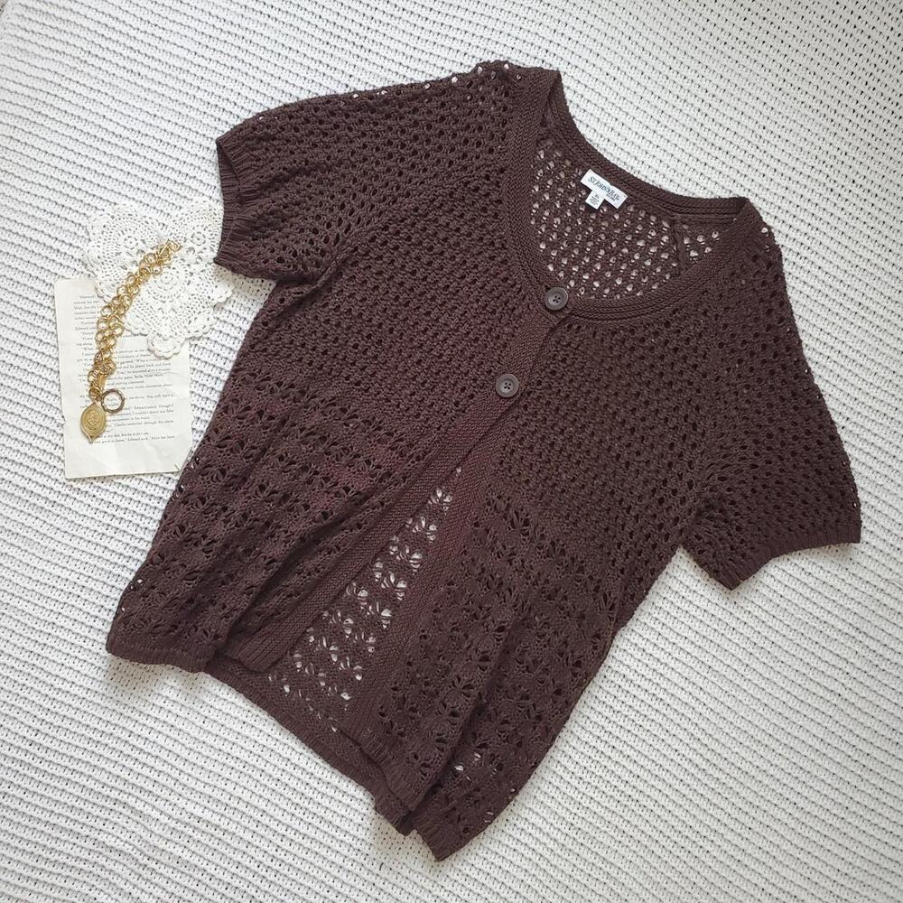 Brown knit button short sleeve cardigan